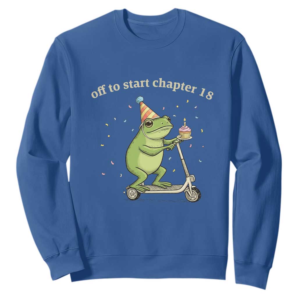 Off To Start Chapter 18 Sweatshirt Funny Frog Scooter 18th Birthday Gift TS12 Royal Blue Print Your Wear