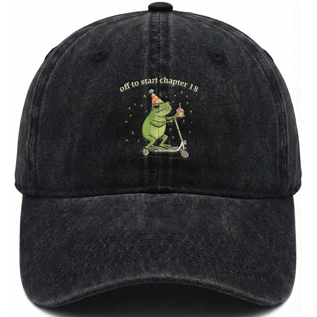 Off To Start Chapter 18 Washed Cotton Baseball Cap Funny Frog Scooter 18th Birthday Gift TS12 Print Your Wear