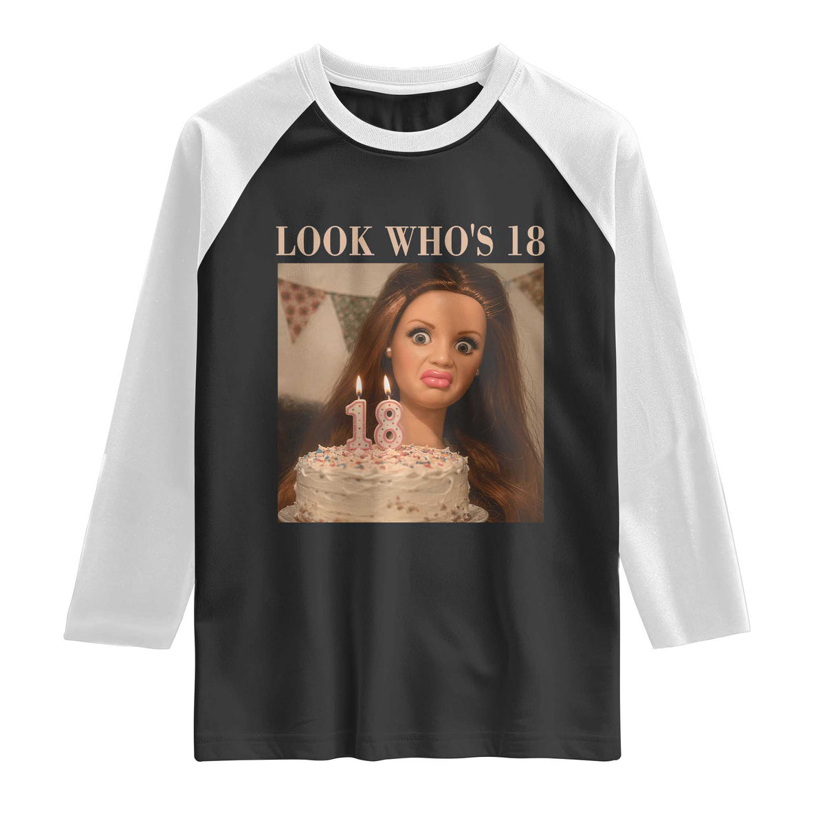 Look Who's 18 Raglan Shirt Funny Birthday Doll Face Meme TS12 Black White Print Your Wear