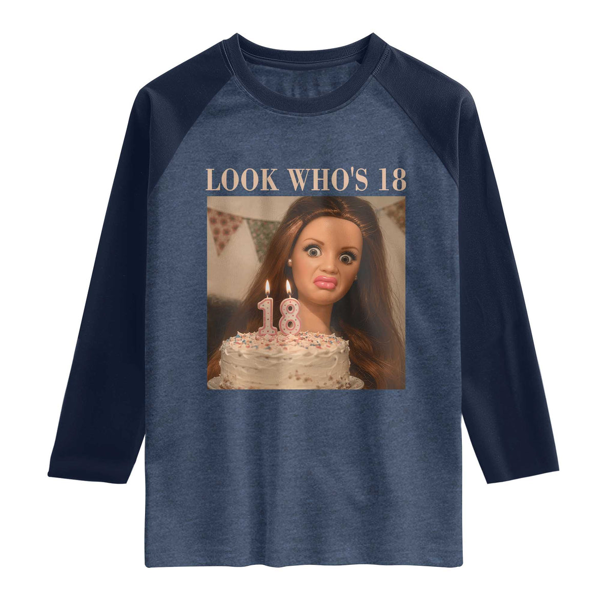 Look Who's 18 Raglan Shirt Funny Birthday Doll Face Meme TS12 Heather Denim Navy Print Your Wear