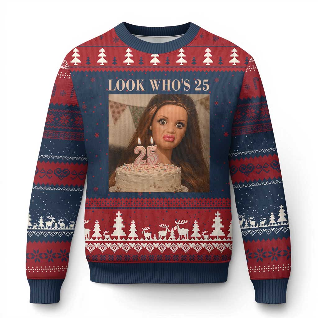 Look Who's 25 Ugly Christmas Sweater Funny Birthday Doll Face Meme TS12 Navy Red Print Your Wear