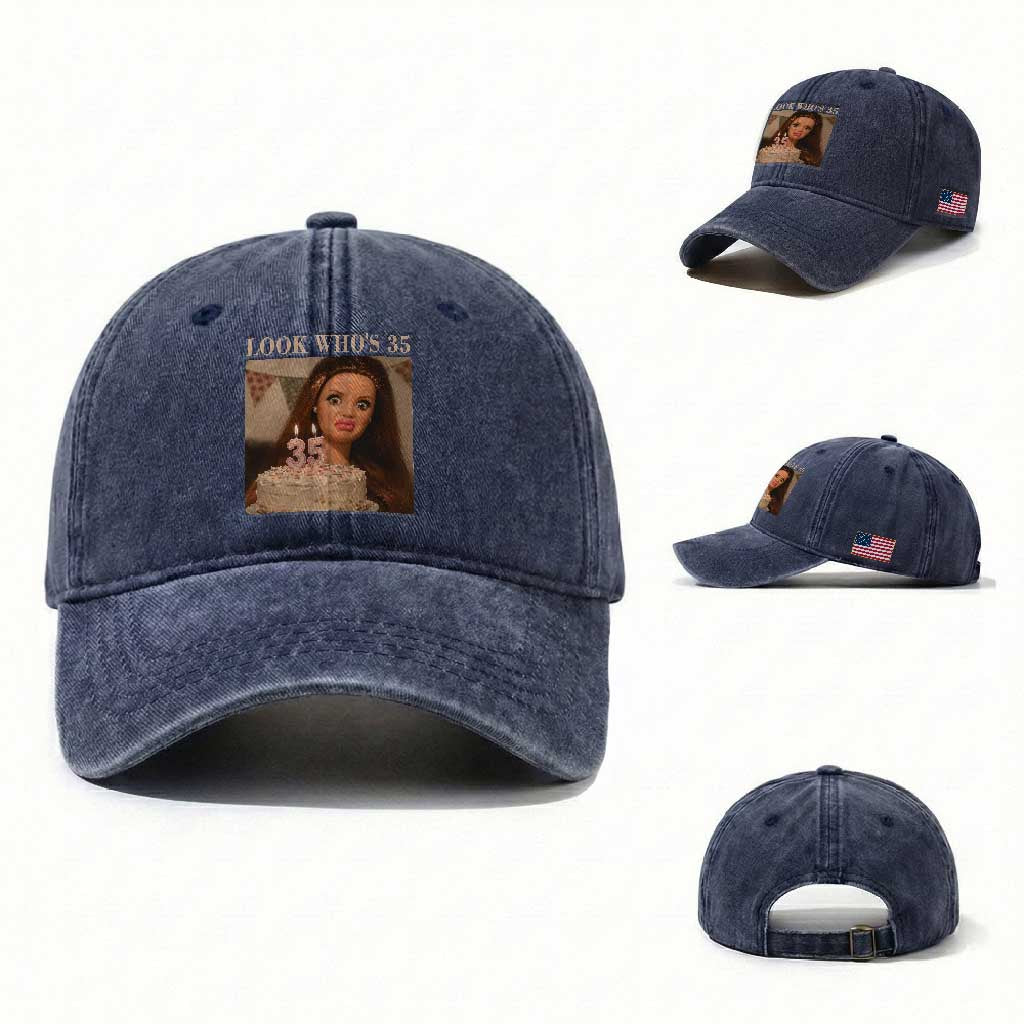 Look Who's 35 Washed Cotton Baseball Cap Funny Birthday Doll Face Meme TS12 Washed Cap Universal Fit Navy Print Your Wear