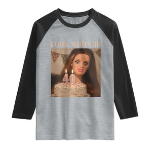 Look Who's 40 Raglan Shirt Funny Birthday Doll Face Meme TS12 Heather Gray Black Print Your Wear
