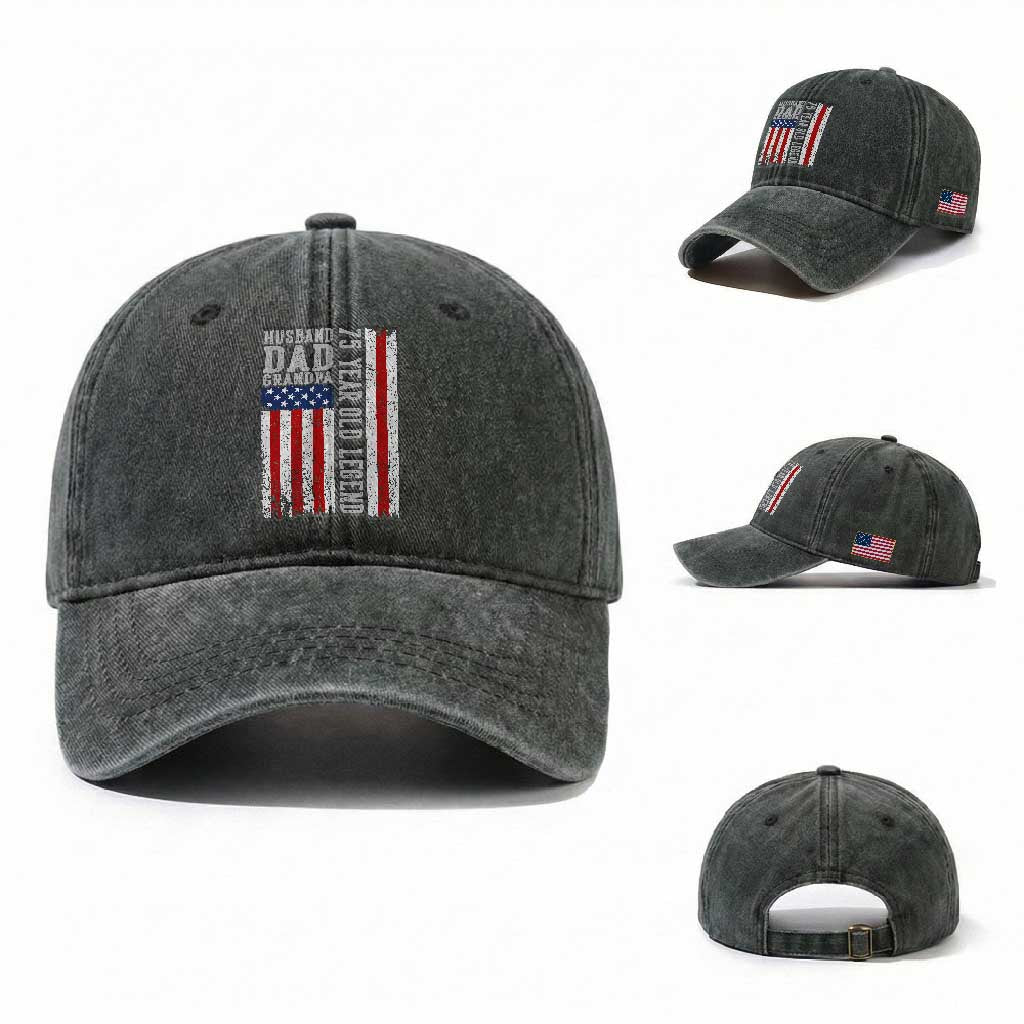 Husband Dad Grandpa 75 Year Old Legend Washed Cotton Baseball Cap American Flag Birthday Gift TS12 Washed Cap Universal Fit Dark Green Print Your Wear