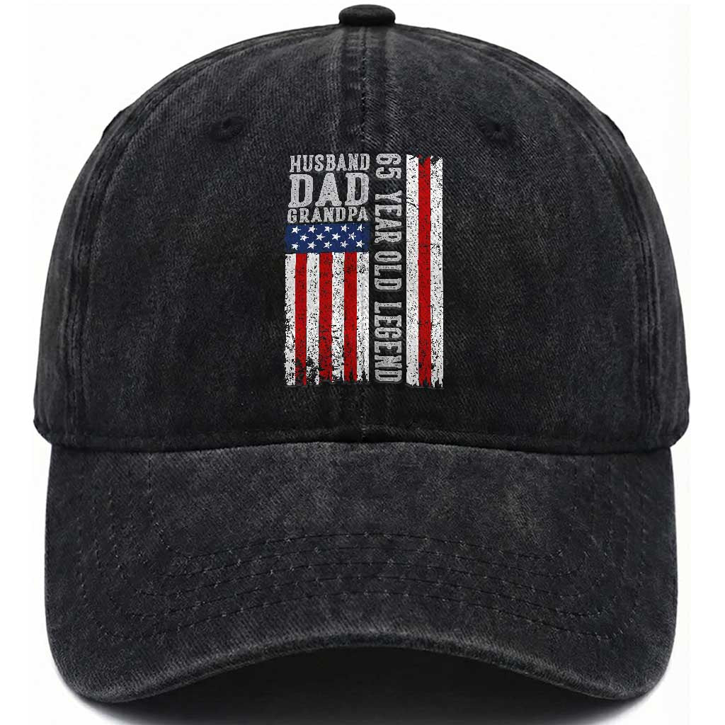 Husband Dad Grandpa 65 Year Old Legend Washed Cotton Baseball Cap American Flag Birthday Gift TS12 Print Your Wear