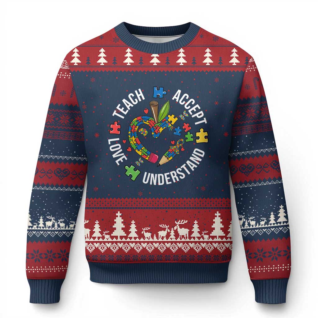 Special Education Teacher Autism Ugly Christmas Sweater Teach Accept Understand Love TS12 Navy Red Print Your Wear