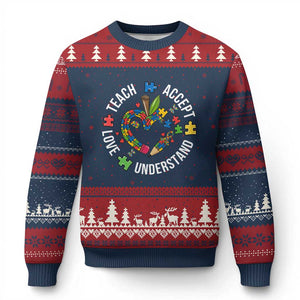 Special Education Teacher Autism Ugly Christmas Sweater Teach Accept Understand Love TS12 Navy Red Print Your Wear