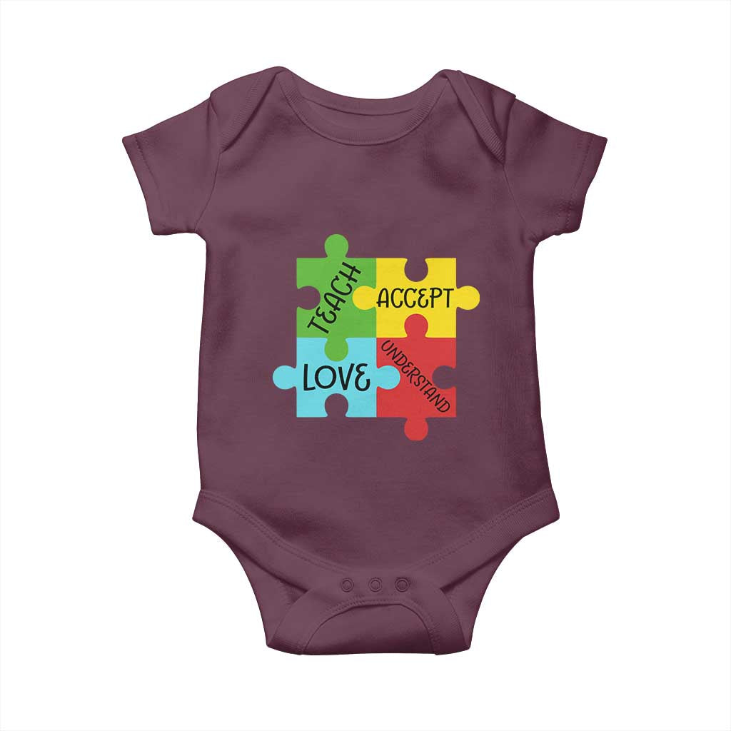 Special Ed Educator Autism Support Baby Onesie Teach Accept Understand Love TS12 Maroon Print Your Wear