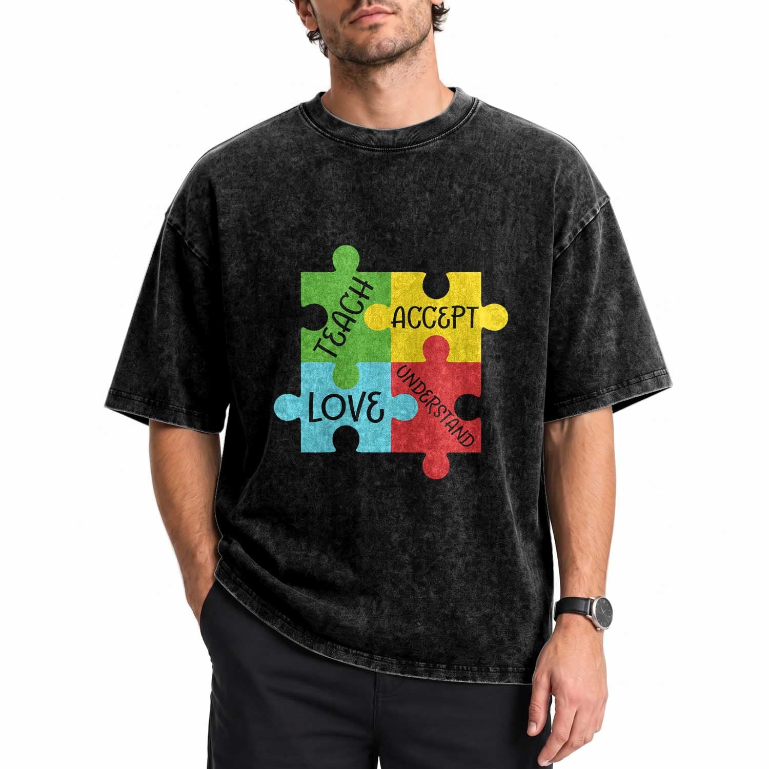 Special Ed Educator Autism Support Washed Cotton T-Shirt Teach Accept Understand Love