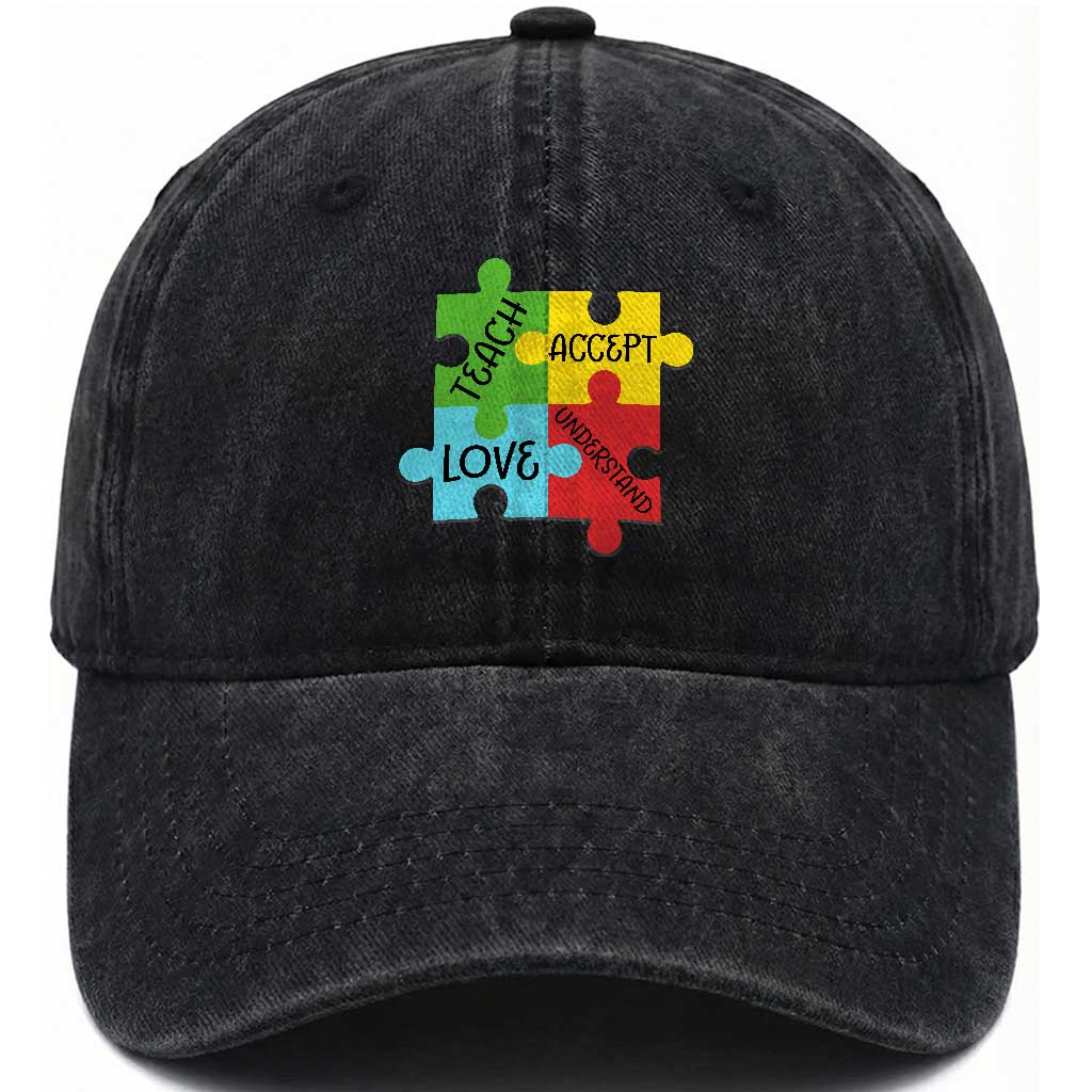 Special Ed Educator Autism Support Washed Cotton Baseball Cap Teach Accept Understand Love TS12 Print Your Wear