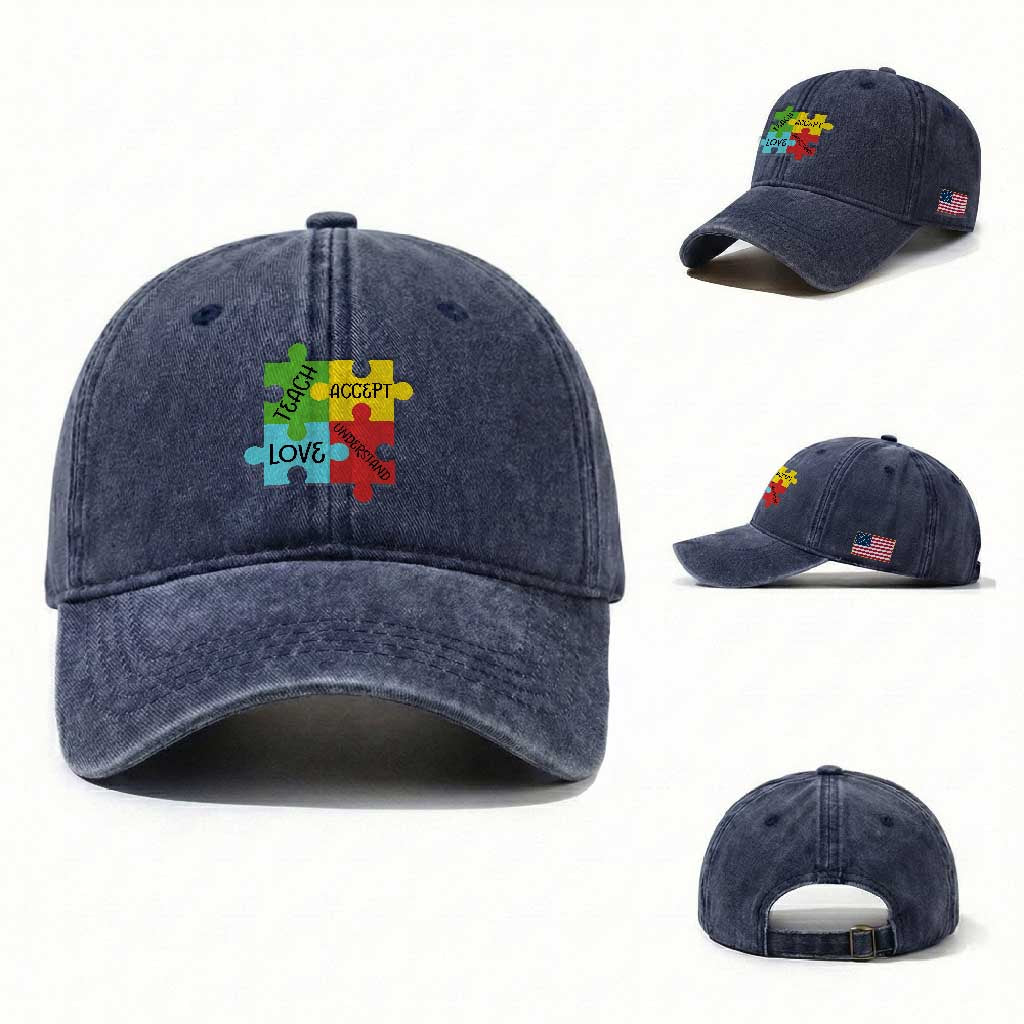 Special Ed Educator Autism Support Washed Cotton Baseball Cap Teach Accept Understand Love TS12 Washed Cap Universal Fit Navy Print Your Wear