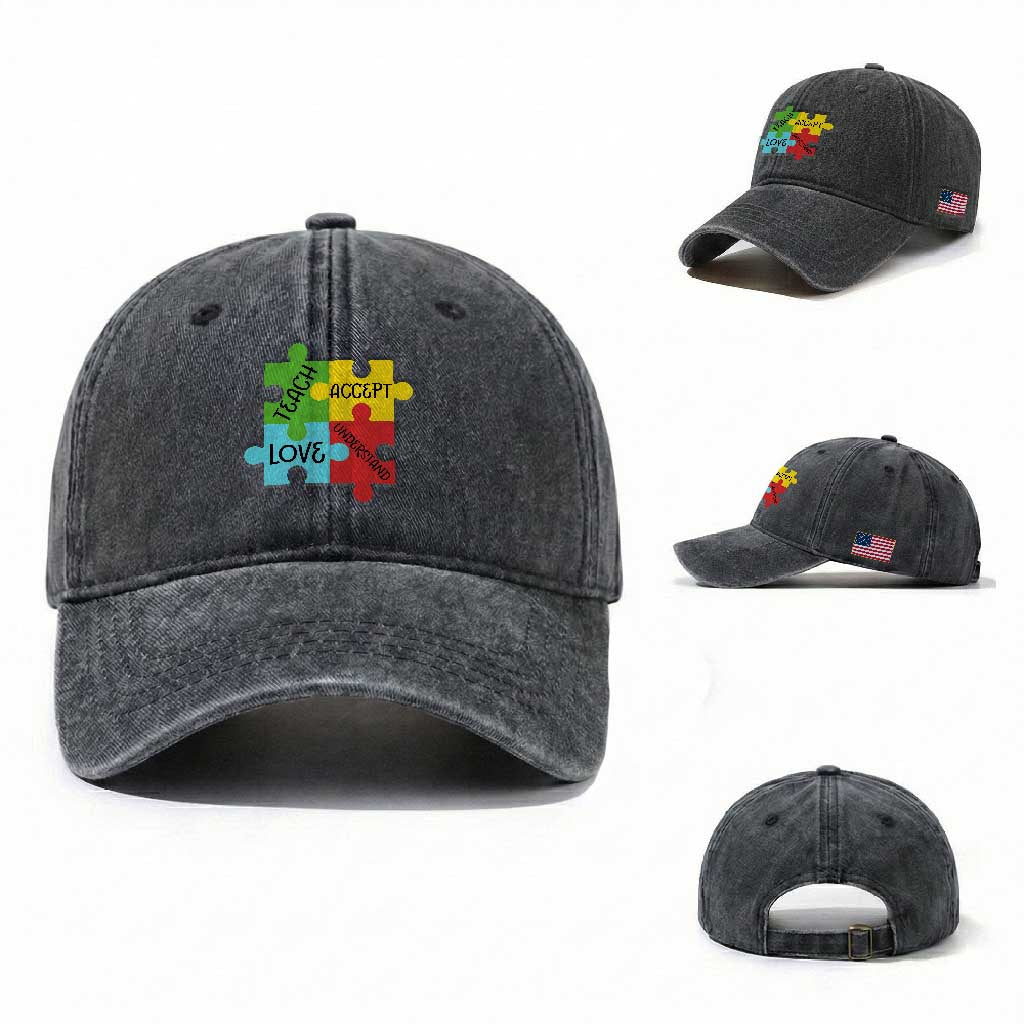 Special Ed Educator Autism Support Washed Cotton Baseball Cap Teach Accept Understand Love TS12 Washed Cap Universal Fit Dark Gray Print Your Wear