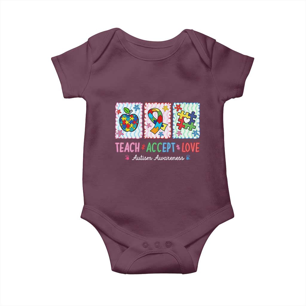 Autism Acceptance Support Baby Onesie Teach Accept Love TS12 Maroon Print Your Wear