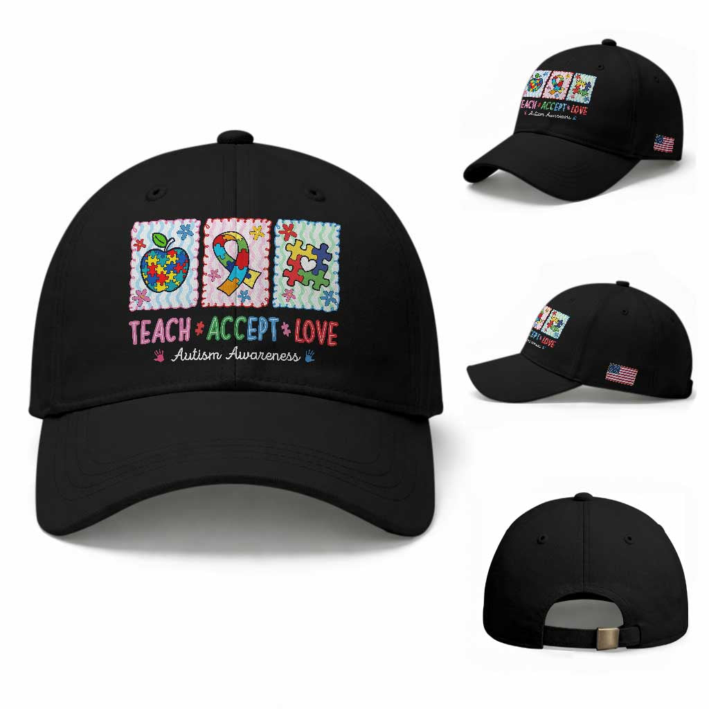 Autism Acceptance Support Baseball Cap Teach Accept Love TS12 Baseball Cap Universal Fit Black Print Your Wear