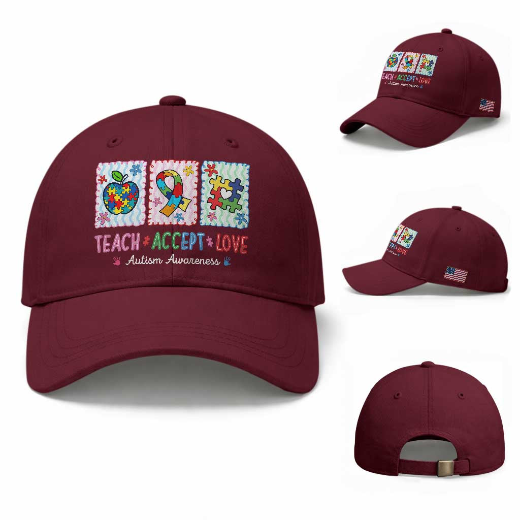 Autism Acceptance Support Baseball Cap Teach Accept Love TS12 Baseball Cap Universal Fit Maroon Print Your Wear