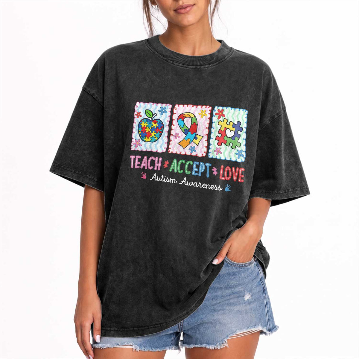 Autism Acceptance Support Washed Cotton T-Shirt Teach Accept Love