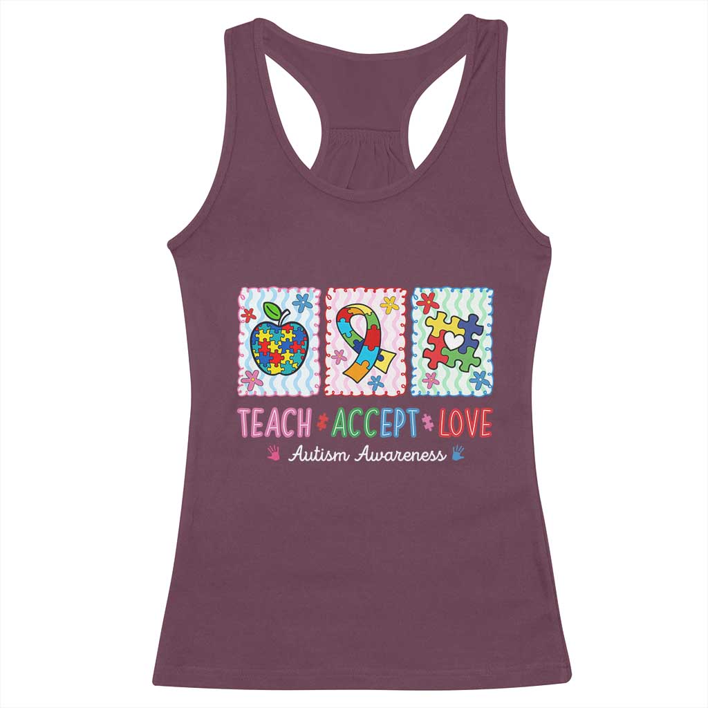 Autism Acceptance Support Racerback Tank Top Teach Accept Love TS12 Maroon Print Your Wear