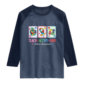 Autism Acceptance Support Raglan Shirt Teach Accept Love TS12 Heather Denim Navy Print Your Wear