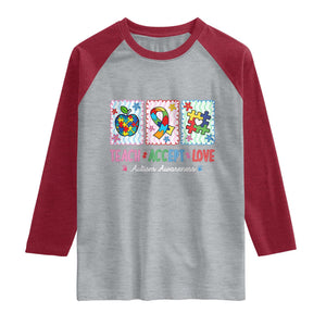 Autism Acceptance Support Raglan Shirt Teach Accept Love TS12 Heather Gray Heather Red Print Your Wear