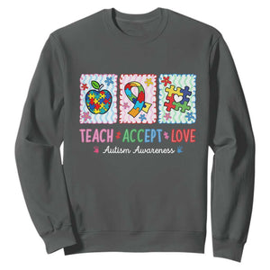 Autism Acceptance Support Sweatshirt Teach Accept Love TS12 Dark Heather Print Your Wear