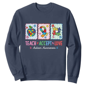 Autism Acceptance Support Sweatshirt Teach Accept Love TS12 Navy Print Your Wear