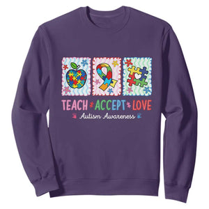 Autism Acceptance Support Sweatshirt Teach Accept Love TS12 Purple Print Your Wear