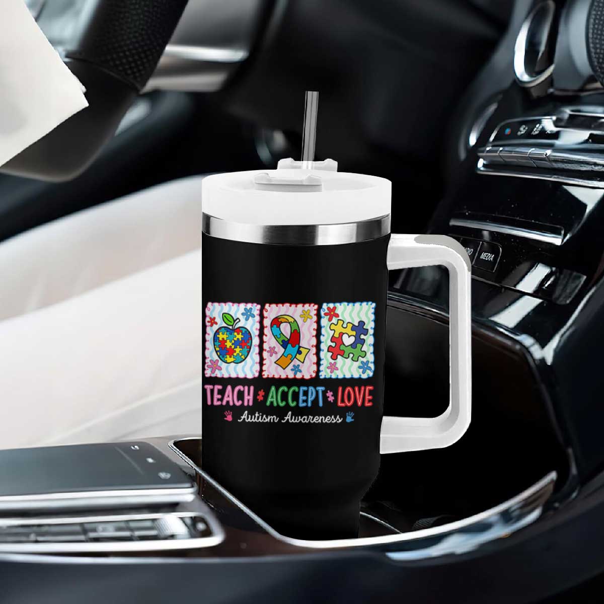 Autism Acceptance Support Tumbler With Handle Teach Accept Love TS12 Print Your Wear