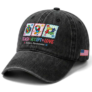 Autism Acceptance Support Washed Cotton Baseball Cap Teach Accept Love TS12 Print Your Wear