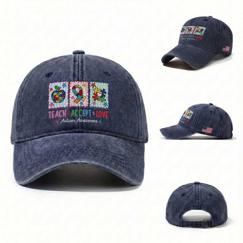 Autism Acceptance Support Washed Cotton Baseball Cap Teach Accept Love TS12 Washed Cap Universal Fit Navy Print Your Wear