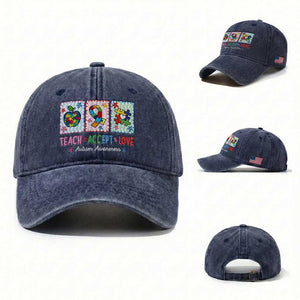 Autism Acceptance Support Washed Cotton Baseball Cap Teach Accept Love TS12 Washed Cap Universal Fit Navy Print Your Wear