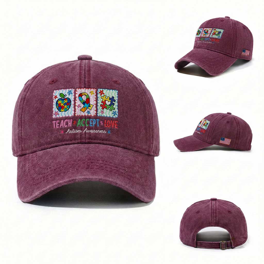 Autism Acceptance Support Washed Cotton Baseball Cap Teach Accept Love TS12 Washed Cap Universal Fit Burgundy Print Your Wear