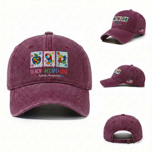 Autism Acceptance Support Washed Cotton Baseball Cap Teach Accept Love TS12 Washed Cap Universal Fit Burgundy Print Your Wear
