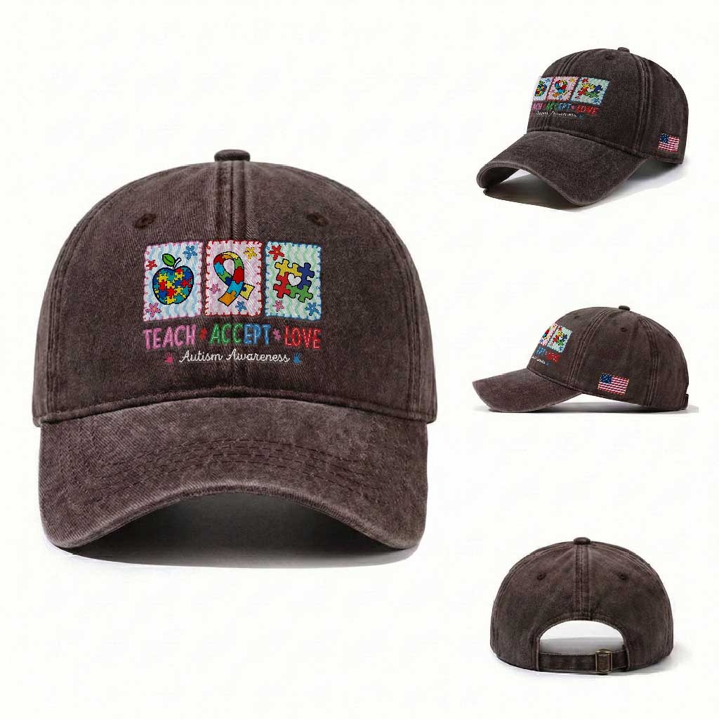 Autism Acceptance Support Washed Cotton Baseball Cap Teach Accept Love TS12 Washed Cap Universal Fit Dark Brown Print Your Wear