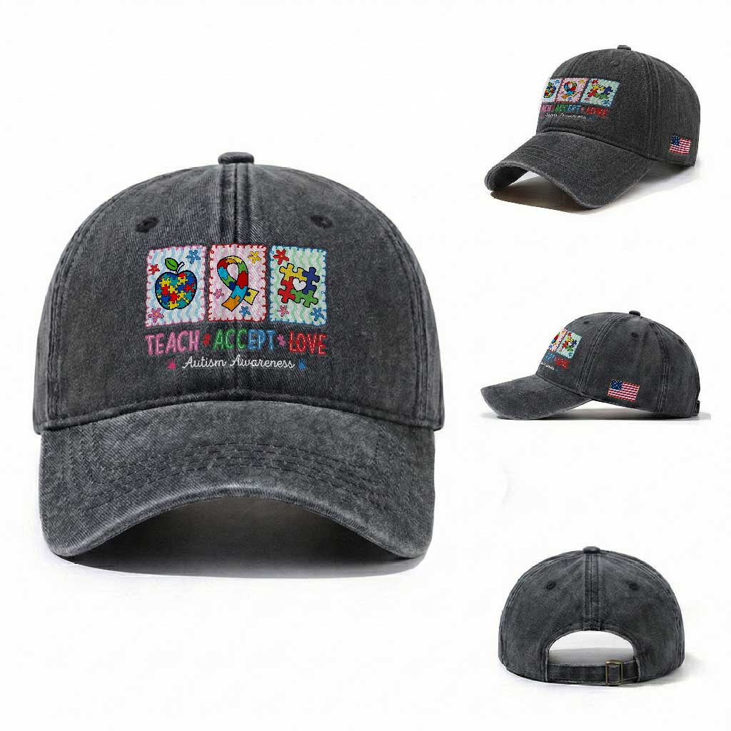 Autism Acceptance Support Washed Cotton Baseball Cap Teach Accept Love TS12 Washed Cap Universal Fit Dark Gray Print Your Wear