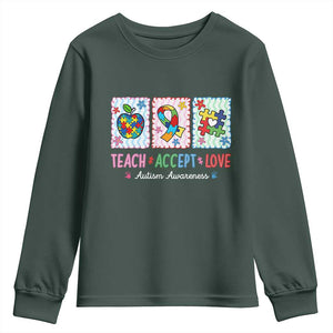 Autism Acceptance Support Youth Sweatshirt Teach Accept Love TS12 Dark Forest Green Print Your Wear