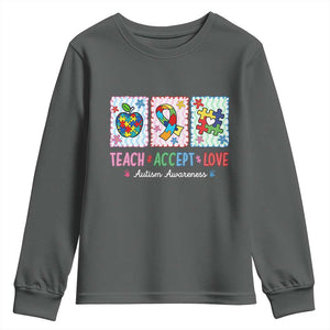 Autism Acceptance Support Youth Sweatshirt Teach Accept Love TS12 Dark Heather Print Your Wear