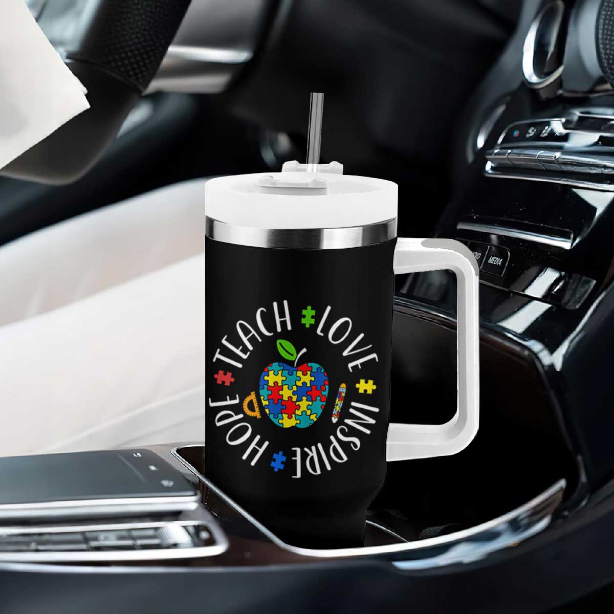 Autism Acceptance Teacher Tumbler With Handle Teach Love Hope Inspire TS12 Print Your Wear