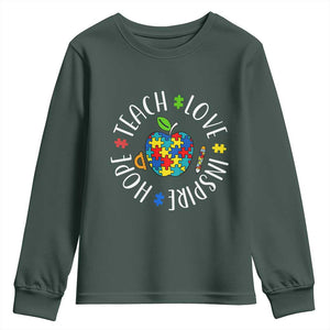 Autism Acceptance Teacher Youth Sweatshirt Teach Love Hope Inspire TS12 Dark Forest Green Print Your Wear