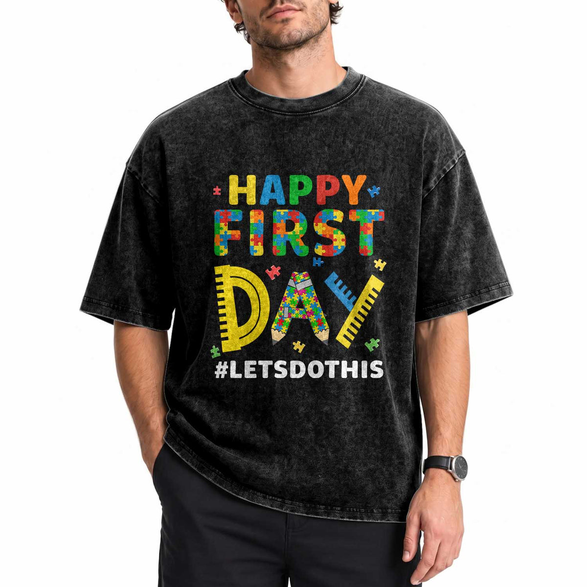 Autism Acceptance Back To School Educator Washed Cotton T-Shirt Happy First Day