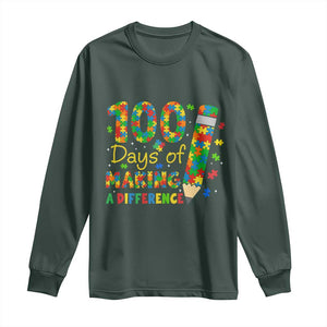 Proud Autism Teacher 100 Days Of School Long Sleeve Shirt Making A Difference TS12 Dark Forest Green Print Your Wear
