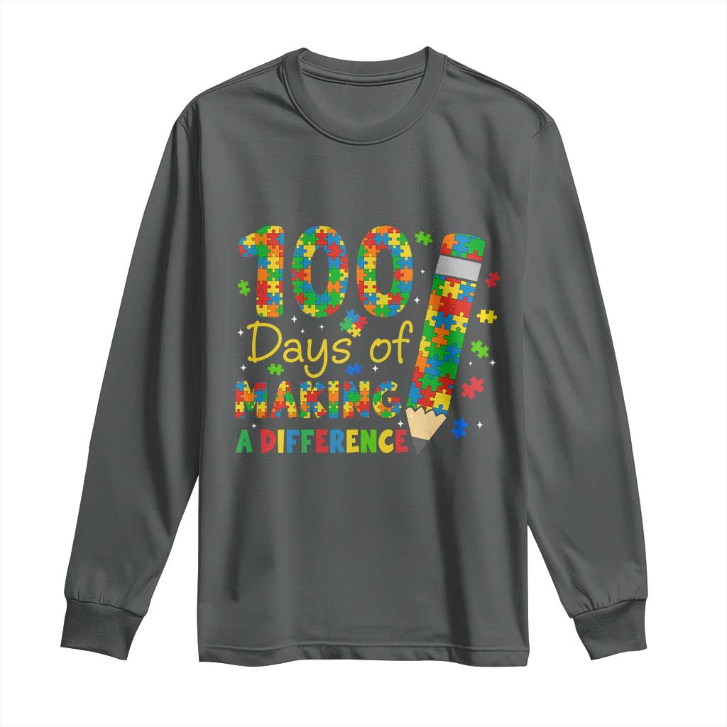Proud Autism Teacher 100 Days Of School Long Sleeve Shirt Making A Difference TS12 Dark Heather Print Your Wear