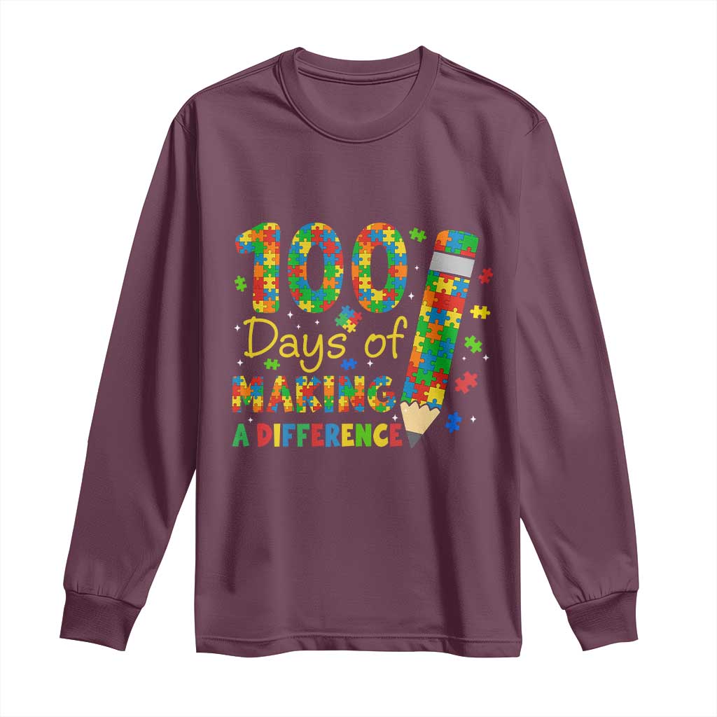 Proud Autism Teacher 100 Days Of School Long Sleeve Shirt Making A Difference TS12 Maroon Print Your Wear