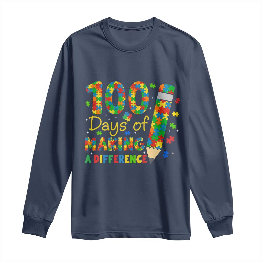 Proud Autism Teacher 100 Days Of School Long Sleeve Shirt Making A Difference TS12 Navy Print Your Wear