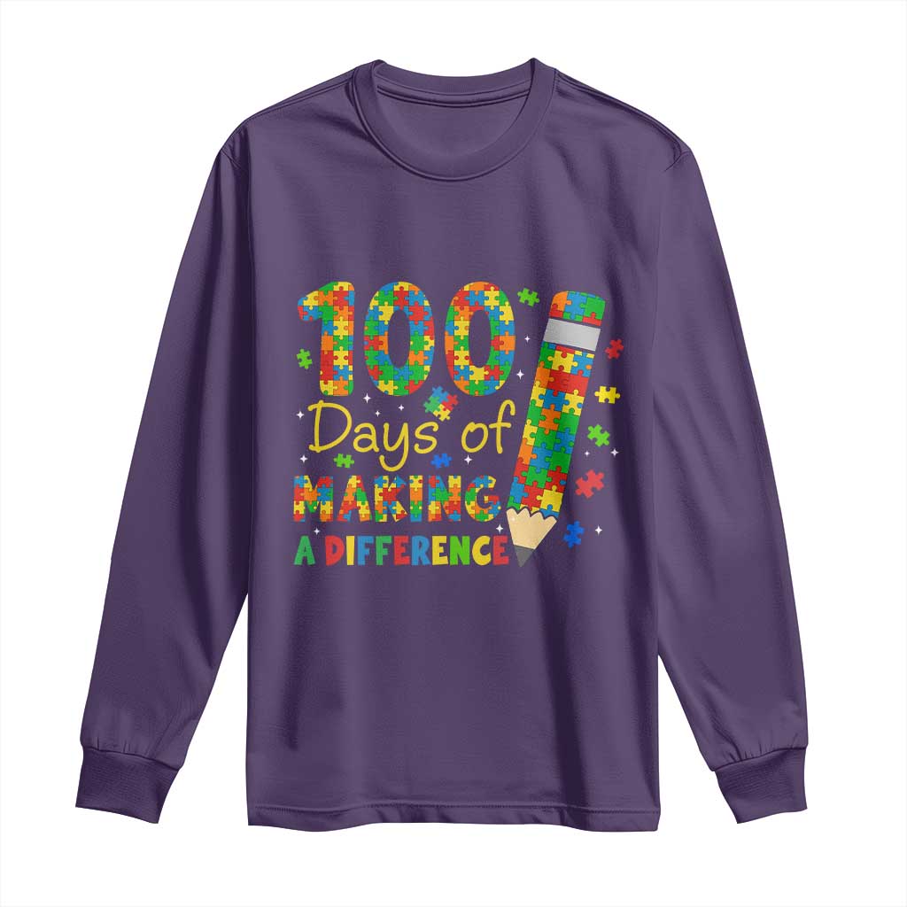 Proud Autism Teacher 100 Days Of School Long Sleeve Shirt Making A Difference TS12 Purple Print Your Wear