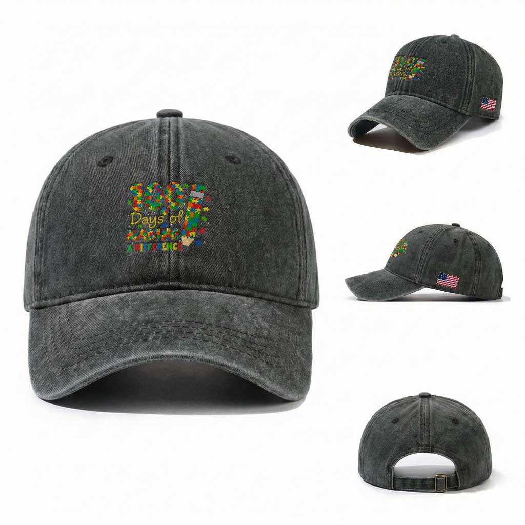 Proud Autism Teacher 100 Days Of School Washed Cotton Baseball Cap Making A Difference TS12 Washed Cap Universal Fit Dark Green Print Your Wear