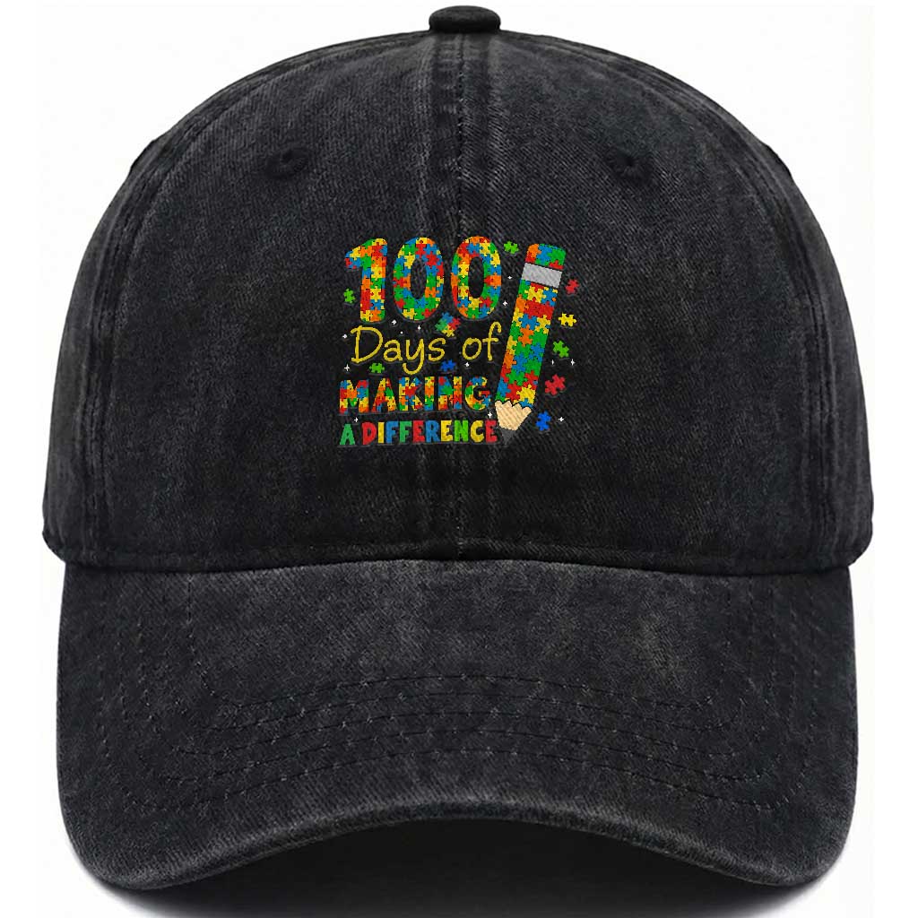 Proud Autism Teacher 100 Days Of School Washed Cotton Baseball Cap Making A Difference TS12 Print Your Wear
