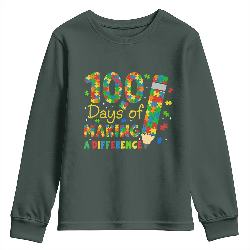 Proud Autism Teacher 100 Days Of School Youth Sweatshirt Making A Difference TS12 Dark Forest Green Print Your Wear