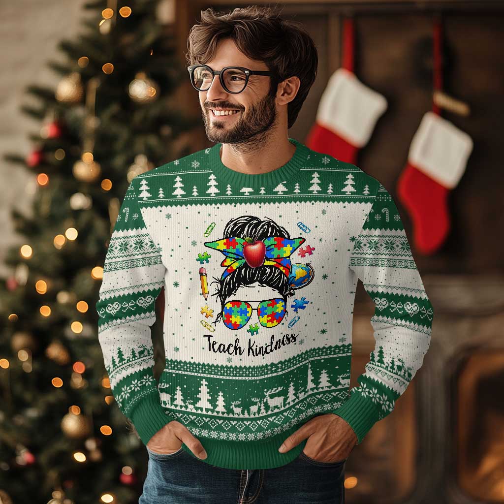 Sped Educator Autism Support Ugly Christmas Sweater Teach Kindness Messy Bun TS12 Beige Green Print Your Wear
