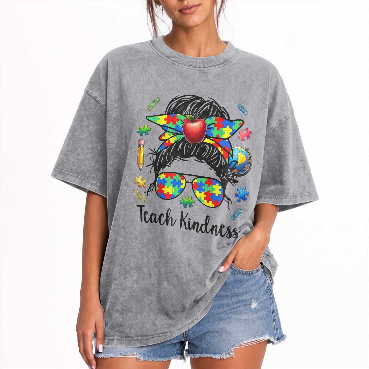Sped Educator Autism Support Washed Cotton T-Shirt Teach Kindness Messy Bun