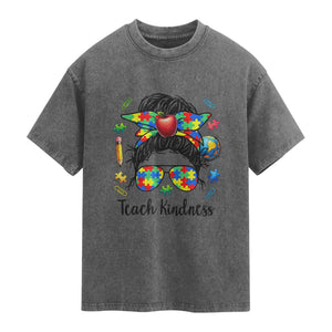Sped Educator Autism Support Washed Cotton T-Shirt Teach Kindness Messy Bun